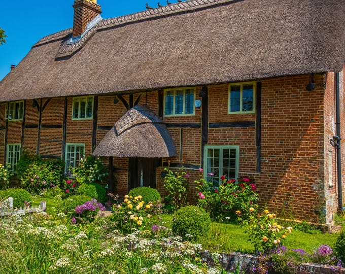 Photo Ancient Thatch Cottage by Idyllic English Stream | Village Wall Art | Cottagecore Summer Decor | Instant Download | Gift Print