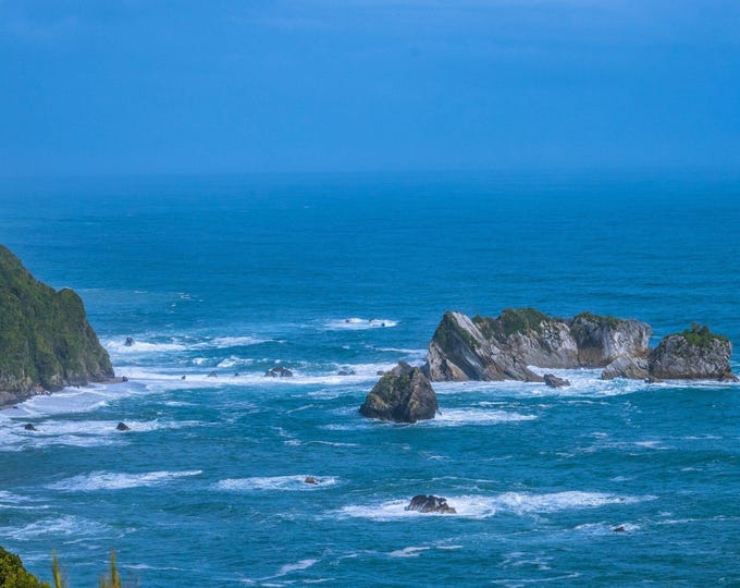 Rough Waters and Blue Sea with Cliffs and Rocks - New Zealand Photo Download, travel gift wall art print, instant download art