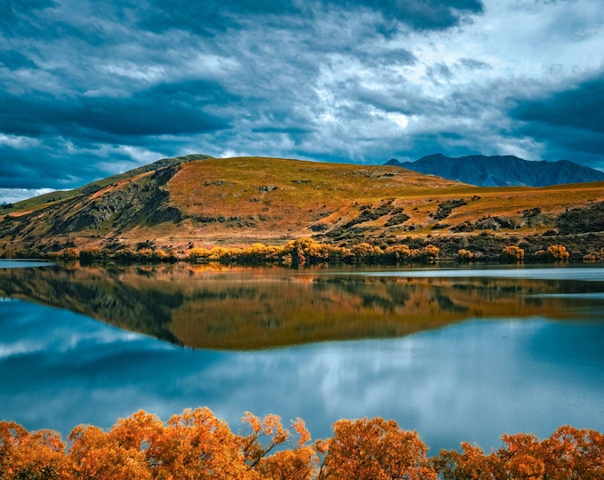 Still Lake Mountain Reflections Instant Download Photo– Moody New Zealand Autumn Scene – Travel Lover Gift Print NZ Wall Art, Boho Print