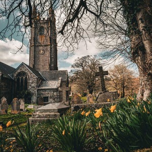 Photo Instant Download Medieval Dartmoor Church Spring Daffodils Devon Religious Image Decor wall Art Gift Print