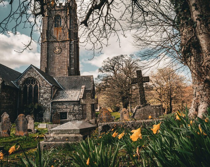 Photo Instant Download Medieval Dartmoor Church Spring Daffodils Devon Religious Image Decor wall Art Gift Print