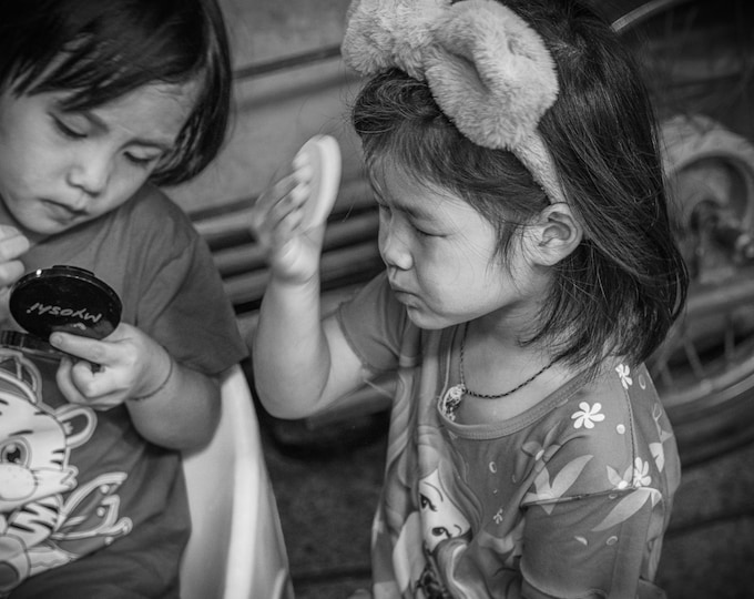 Charming Black-and-White Photo, Vietnam, Little Girls Trying on Mother’s Makeup, Travel Gift for Her, Far East Decor, High Res Fine Art Pic