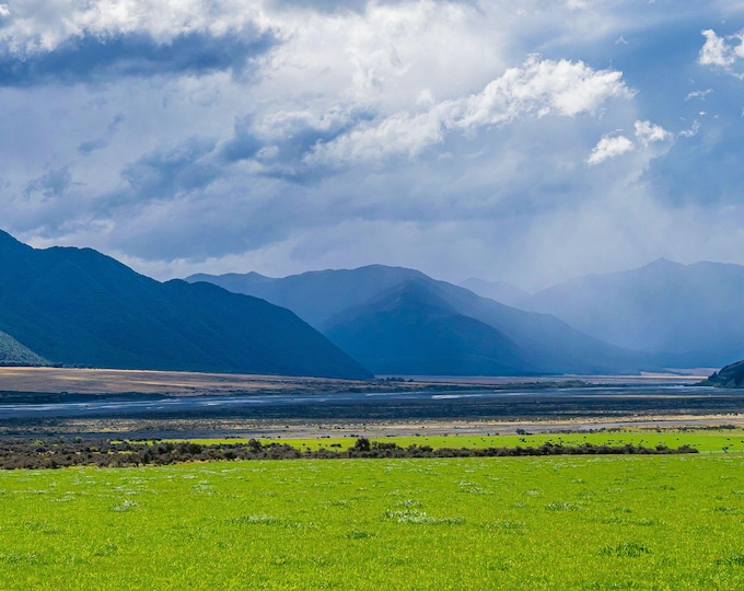 Stunning New Zealand Landscape Photo | Mountain River Scene with Rain Filled Sky | Instant Download Nature Wall Art, Nature Wall Decor