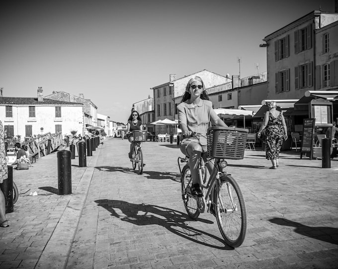 French Chic Lady on Bicycle – Black & White Photo – La Flotte Quay, Summer Style – Digital Download, Print Gift for her, French Decor