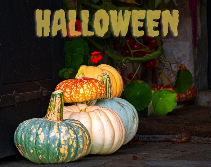 Photo Instant Download, Halloween pumpkins in church doorway, Harvest Festival Gift for him or Her