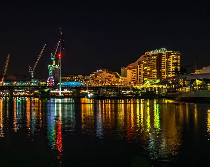 Beautiful Sydney Harbour at Night - Colourful Water Reflections Photo - Australian dramatic coast landscape digital art, High Res Fine Art