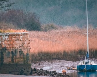 Blue Sailing Boat Winter Estuary Photo: Devon Coastal Print (Digital Download)