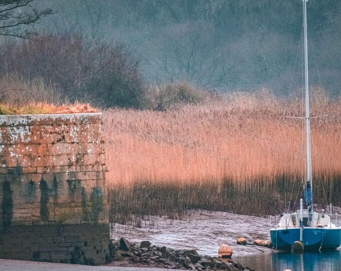 Blue Sailing Boat  Winter Scene Topsham Estuary Devon Photo | Instant Digital Download, River print for Him, Nautical wall decor Gift