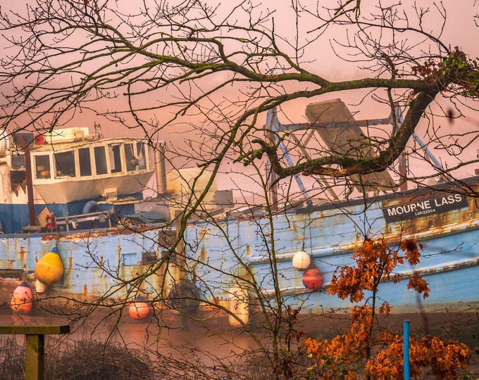 Misty Winter Fishing Boat Wreck Nautical Wall Art Devon Scenery Photography Moody Calm Vintage Rustic Style Decor Exe Estuary River Water