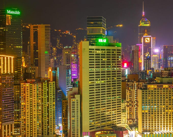 Hong Kong Rooftop Night Scene Photo – City Lights Skyline Art | Instant Download High-Res Urban Print for Modern Wall Decor