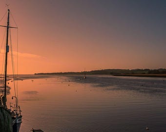 Orange Sunset Photo: Exe Estuary Boats, Devon Landscape (Digital Download)
