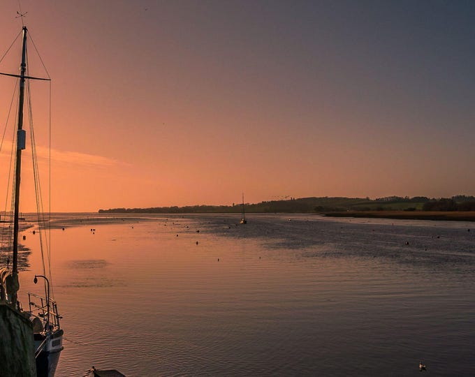 Topsham Quay Sunset Photo, Vibrant Silhouetted Boat, Calm Waters Digital Download