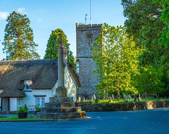 English Village Photo Download | Medieval Church, Thatch Cottages | Charming Countryside Scene | Rustic UK Landscape | Instant Digital Print