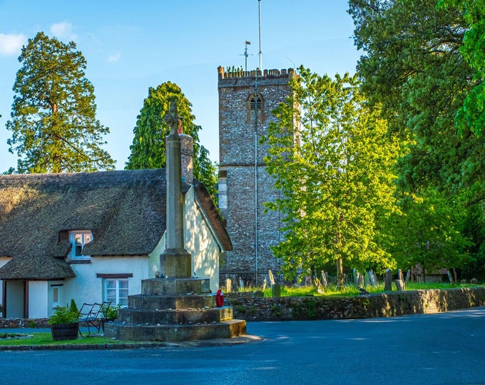 English Village Photo Download | Medieval Church, Thatch Cottages | Charming Countryside Scene | Rustic UK Landscape | Instant Digital Print
