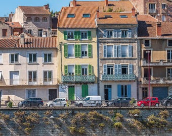 Cahors France River Houses, Colorful Shutters Summer Scene, Digital Photo Download