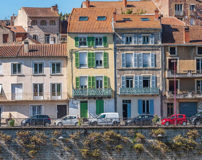 Cahors France River Houses, Colorful Shutters Summer Scene, Digital Photo Download