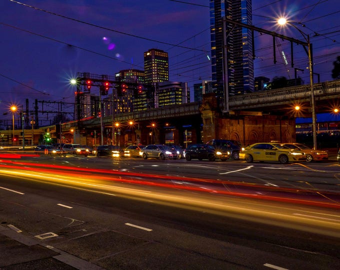 Melbourne Night Photo - Light Trails Busy Street Cityscape - Instant Digital Download, Australian Night Scene, High Res Cityscape Print Gift