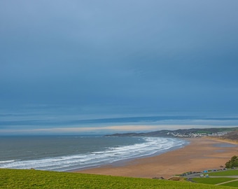 Cornish Beach Photo Download: Green Hills Seaside Art, Cornwall Coastal Decor