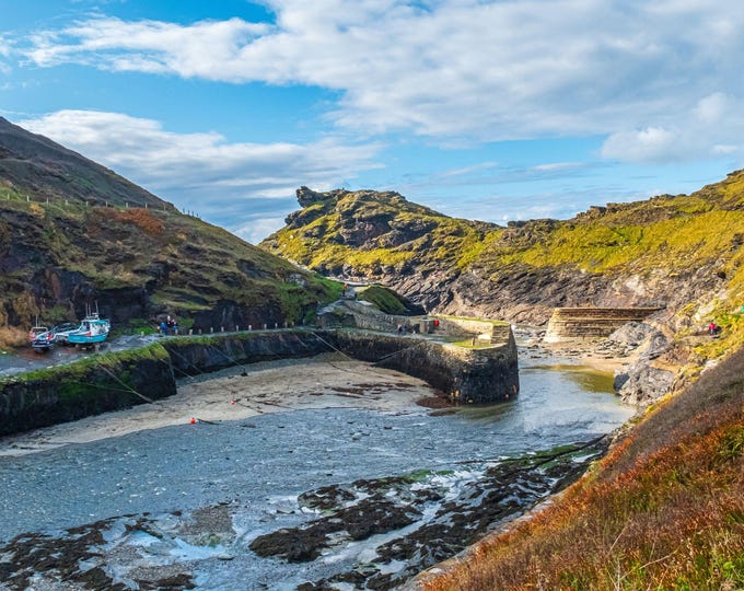 Serene Cornish Harbour & Tintagel Port Photo Download – Nautical Scenery Wall Art, Medieval Travel Gift for Him and Her