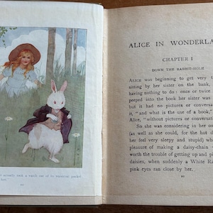 May include: An open book with illustrations from "Alice in Wonderland." The left page shows a girl in a blue dress and a white rabbit in a waistcoat holding a pocket watch. The right page has text.