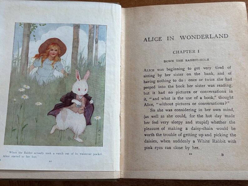 May include: An open book with illustrations from "Alice in Wonderland." The left page shows a girl in a blue dress and a white rabbit in a waistcoat holding a pocket watch. The right page has text.