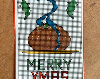 Very HTF Gibson 1910's Edwardian Grid Needlepoint Unused Postcard Merry XMas Christmas Plum Pudding