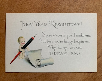 Gibson 1910's Edwardian Rose O'Neill Kewpie Unused New Years Postcard Kewpie Making Resolutions