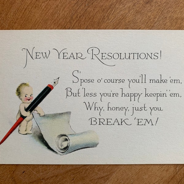 Gibson 1910's Edwardian Rose O'Neill Kewpie Unused New Years Postcard Kewpie Making Resolutions