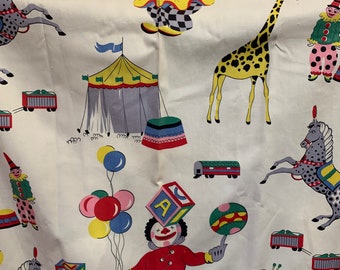 Delightful and Colorful Circus Theme Illustrated Cotton Drapes - Giraffe, Clown, Pony - Yardage for Projects!