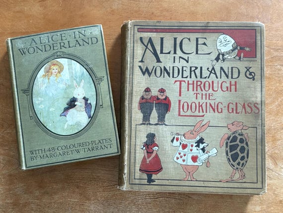 Pair of Early Alice in Wonderland Lewis Carroll Illustrated Books -Through the Looking Glass Tarrant Tenniel