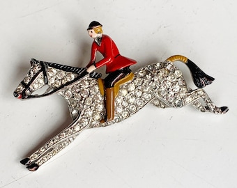 Fabulous Circa 1937 Philippe Trifari Pave Enamel Horse and Rider Brooch