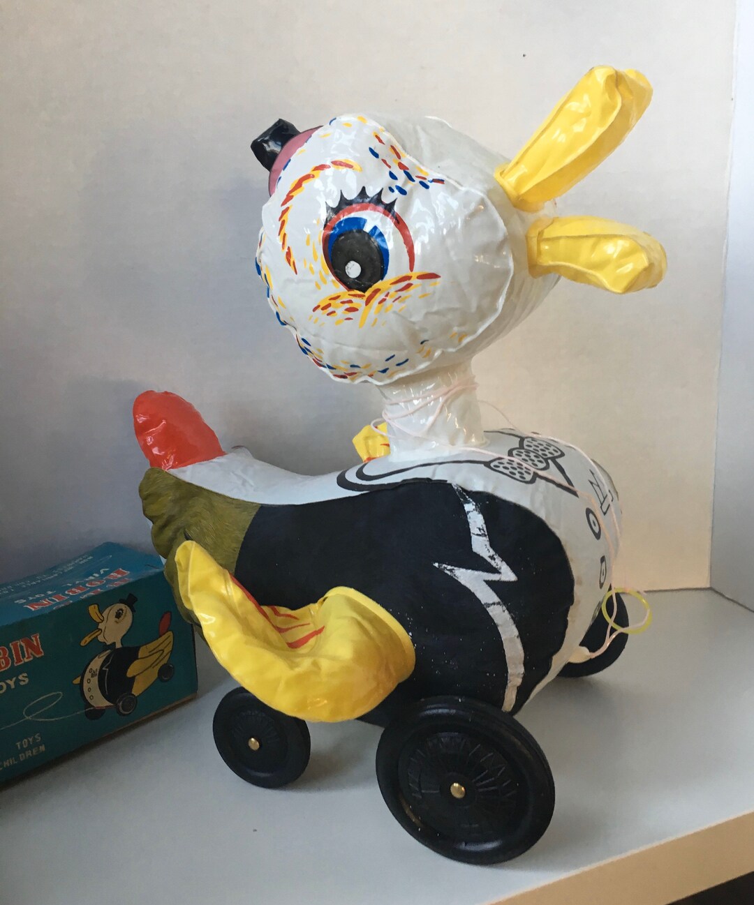 Adorable Top Hat Duck Red Robin Vinyl Inflatable Pull Toy - Deadstock ...