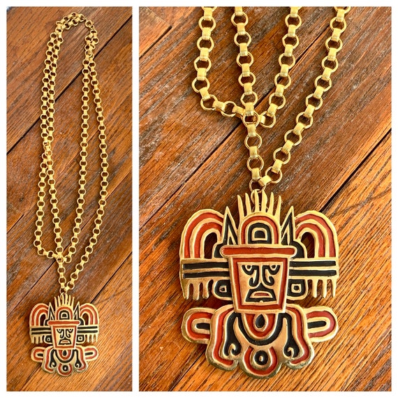 Circa 1969 Trifari Mayan Aztec Brooch Pendant Nec… - image 1