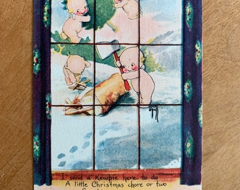 Gibson 1910's Edwardian Rose O'Neill Kewpie Unused Postcard Christmas Kewpies Doing Winter Chores Through the Window