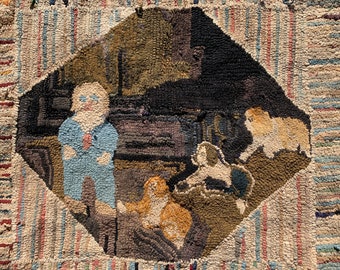 Unusual Antique Large Hooked Rug Features A Human and Three Dogs!