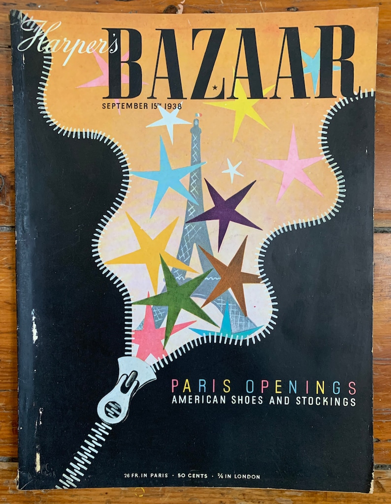 September 15th 1938 A.M. Cassandre Cover Harper's Bazaar Magazine Paris Openings American Shoes and Stockings Rare and Collectible image 1