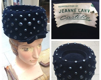 1950's Lanvin Castillo Couture Embellished Wool Navy Pillbox Like New Condition