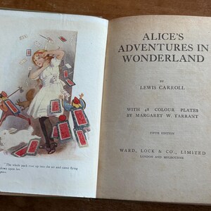May include: Open book with illustrations from "Alice's Adventures in Wonderland." The left page shows Alice in a white dress, surrounded by playing cards. The right page displays the title and author, Lewis Carroll.