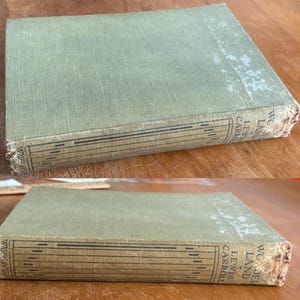 May include: A vintage hardcover book titled "Wonderland" by Lewis Carroll. The book has a faded green cover with visible wear and tear. The spine features decorative black lines and the author's name. The book is displayed on a wooden surface.