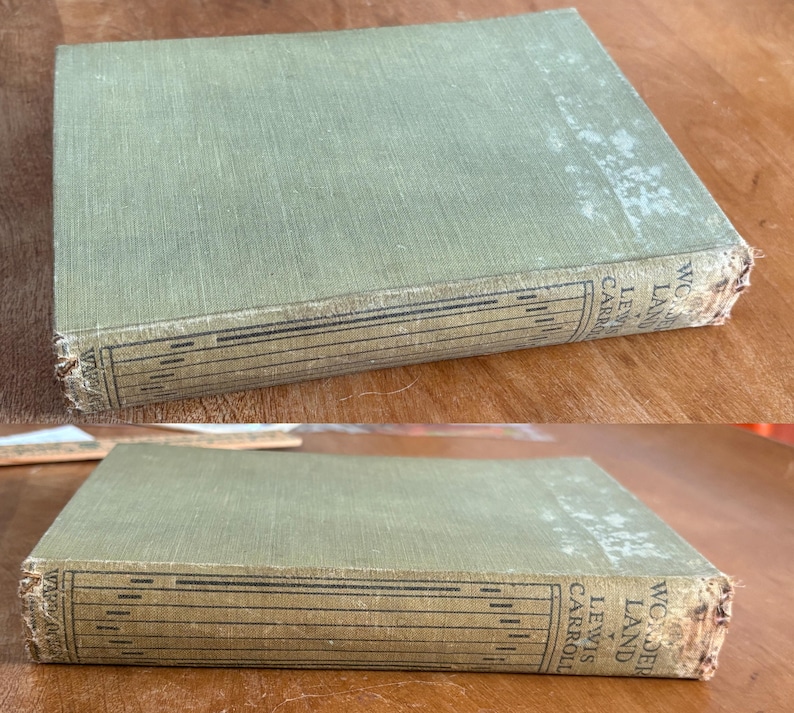 May include: A vintage hardcover book titled "Wonderland" by Lewis Carroll. The book has a faded green cover with visible wear and tear. The spine features decorative black lines and the author's name. The book is displayed on a wooden surface.