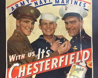 1940s WWII Chesterfield Cigarettes Advertising Sign Army Navy Marines HTF Armed Forces Collector Piece!
