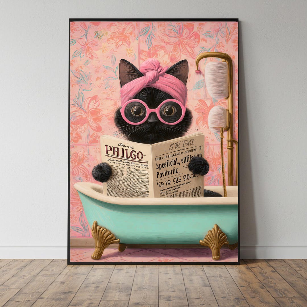 Funny Black Cat Bathroom Wall Art, Cute Retro Cat in Tub Digital Print ...