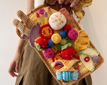 Handmade Crochet Slice of Bread Crossbody Bag with Food Charms