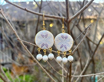 Unique Floral Brocade Dangle Earrings with Faux Pearls | Gold-plated Stainless Steel | Hypoallergenic| Gift for Her|Statement Earrings