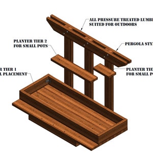 May include: A wooden planter with three tiers for small pots. The planter is made of pressure-treated lumber and has a pergola-style design. The top tier is for soil placement.