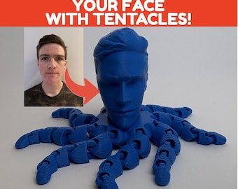 Octo-Me, your head 3D printed with flexi octopus tentacles. The Rocktopus but your head. Novelty gift for all ages.