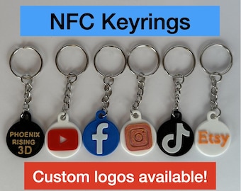 3D printed NFC keyring with social media icons or custom logos. Digital business card or smartphone automation. Tap to share