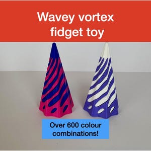 May include: Two cone-shaped fidget toys. One is pink and blue, the other is white and blue. The text at the top says "Wavey vortex fidget toy". The text at the bottom says "Over 600 colour combinations!"