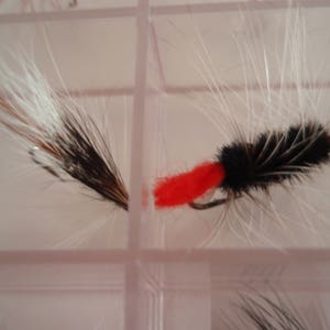 May include: Close-up of two fishing flies. One fly has a black body with white and brown accents, and the other has a black body with a red head and white accents. Both flies are set against a light pink background.