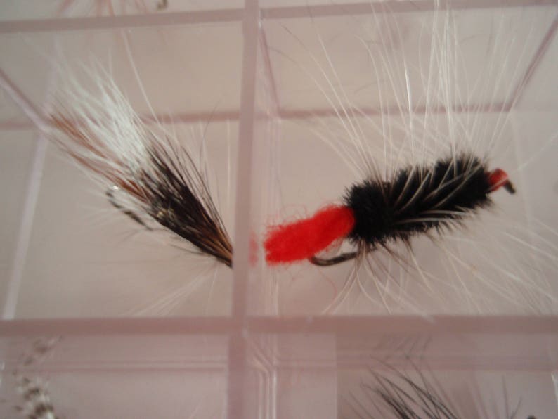 May include: Close-up of two fishing flies. One fly has a black body with white and brown accents, and the other has a black body with a red head and white accents. Both flies are set against a light pink background.